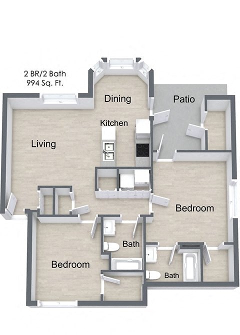 Floor plan for 2 beds, 2 baths, 995 sqft